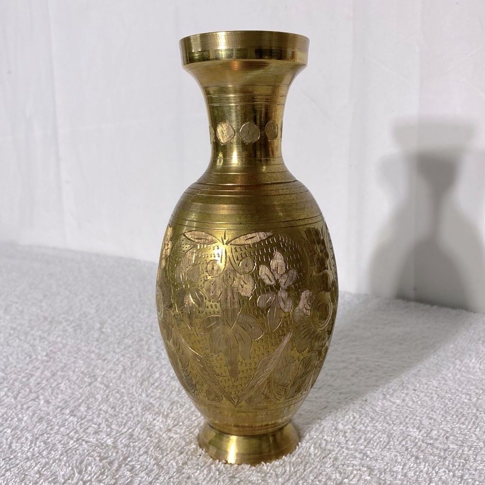 Vintage Elegant Brass Vase W Floral Pattern